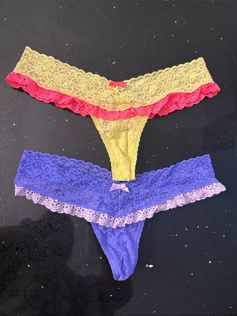 Lace Ruffle Thong Panties - Yellow & Purple (Set of 2)